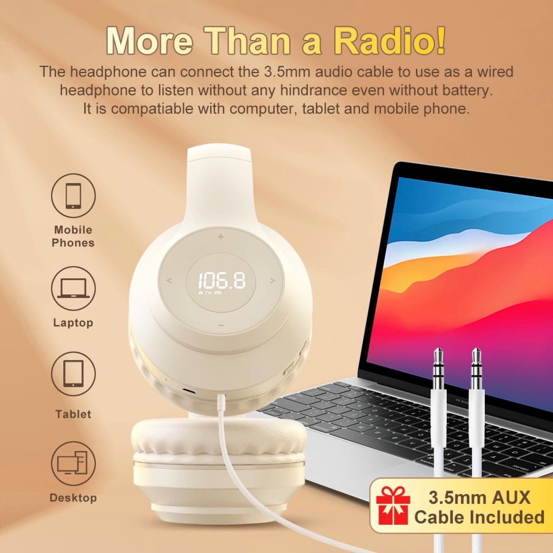 Wireless FM Radio Headphones with Bluetooth, Built-in Microphone, LED Display, Rechargeable & Portable Headphones, Soft Ear Muffs, FM Headset Radio Receiver for Meeting, Works, Hiking, Jogging