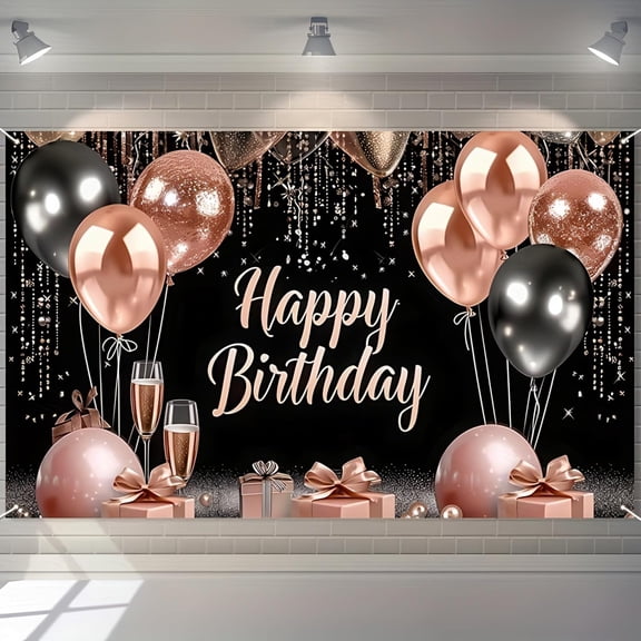 5.9x3.6FT Rose Gold and Black Happy Birthday Backdrop Happy Birthday Glitter Balloons Photo Booth Photography Background Banner Supplies for Girls Women Birthday Party