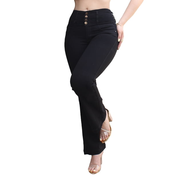 Pantalón Boot Cut Mujer Tiro Alto Gabardina Negra