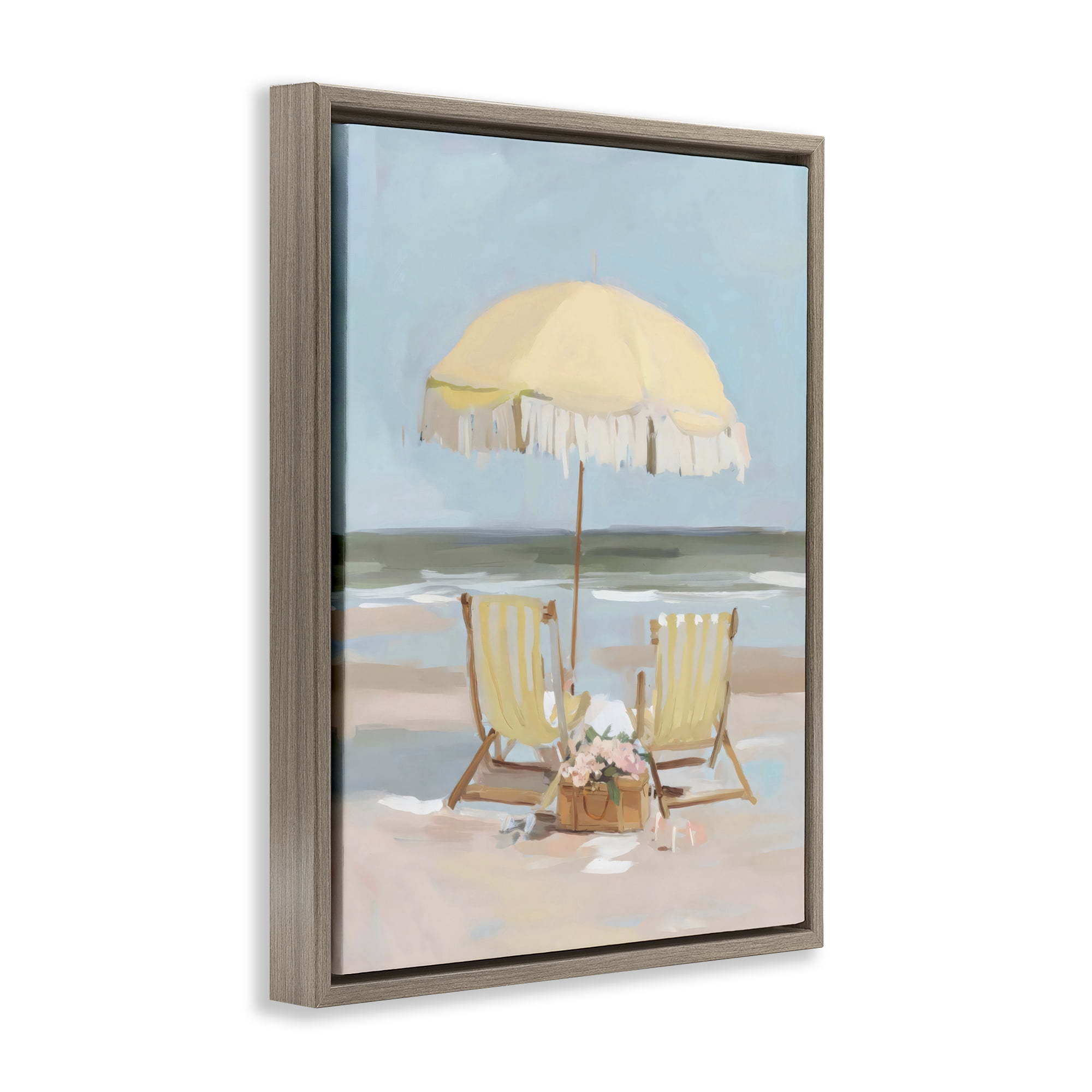 Stupell Industries Yellow Chairs Beach Relaxation Brown Framed Floater Canvas Wall Art, design by Sisi and Seb