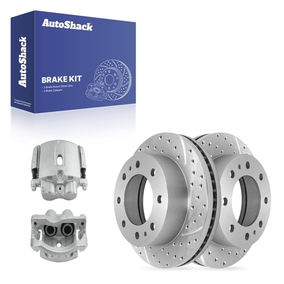 AutoShack Front Vented Drilled & Slotted Silver Zinc Coated Brake Rotors   Calipers 4-PC Brake Kit Replacement for 2006-2020 Chevrolet Express 3500 SilverShield Pro 12.8" (325 mm)