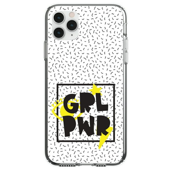 DistinctInk Clear Shockproof Hybrid Case for iPhone 12 MINI (5.4" Screen) - TPU Bumper, Acrylic Back, Tempered Glass Screen Protector - Girl Power - GRL PWR - Yellow & Black Box