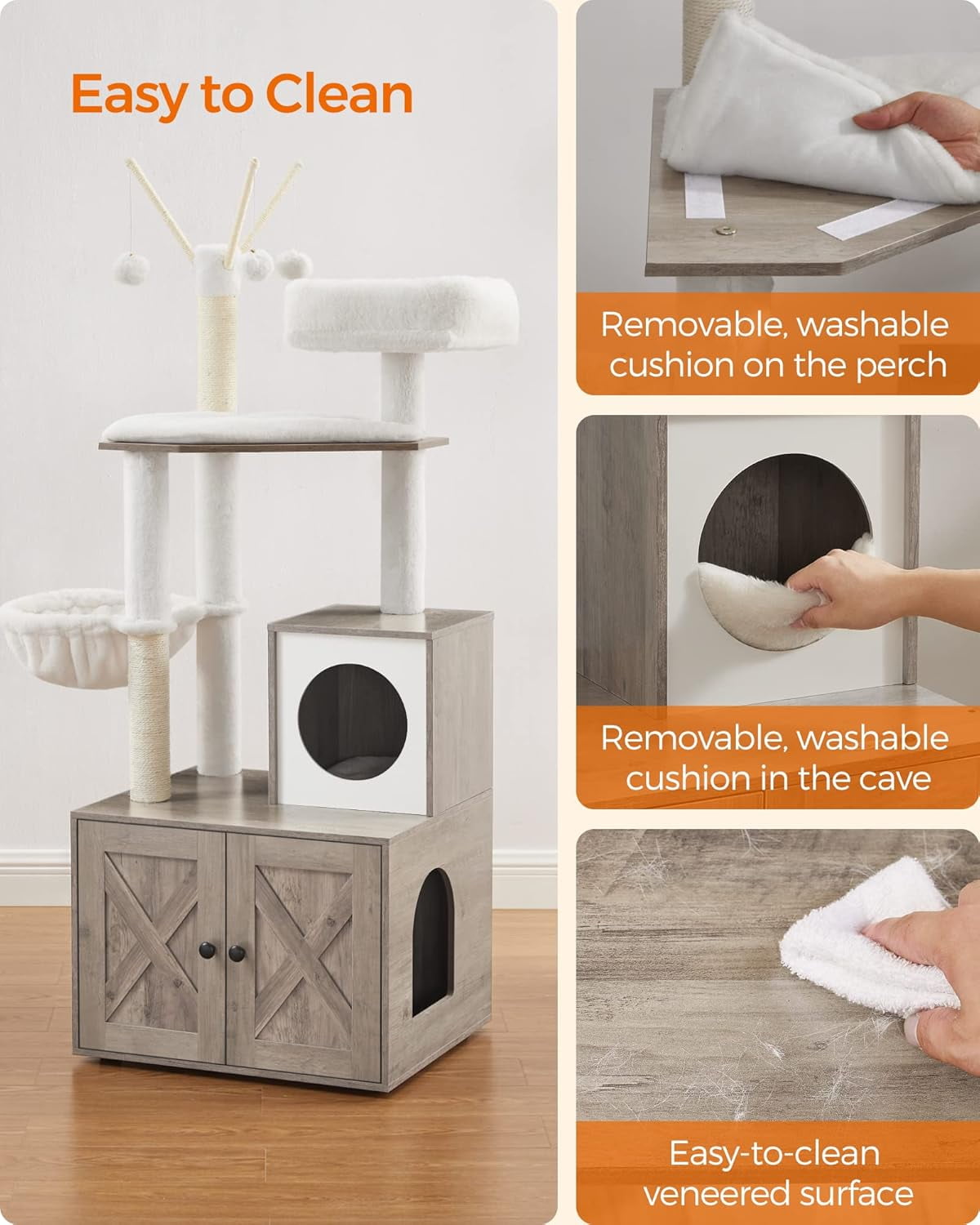 Favory Cat Tree with Litter Box Enclosure, 59-Inch Modern Cat Tower, 2-in-1 Condo with Scratching Posts, Washable Removable Cushion, Greige UPCT113G01