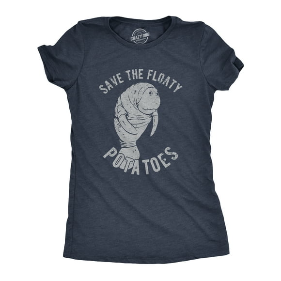 Womens Save The Floaty Potatoes T Shirt Funny Manatee Conservation Tee (Heather Navy) - M