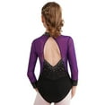 thumbnail image 2 of ranrann Kids Girls Long Sleeve Ballet Leotards Dance Unitards Tumbling Color Block Rhinestone Purple 14, 2 of 7