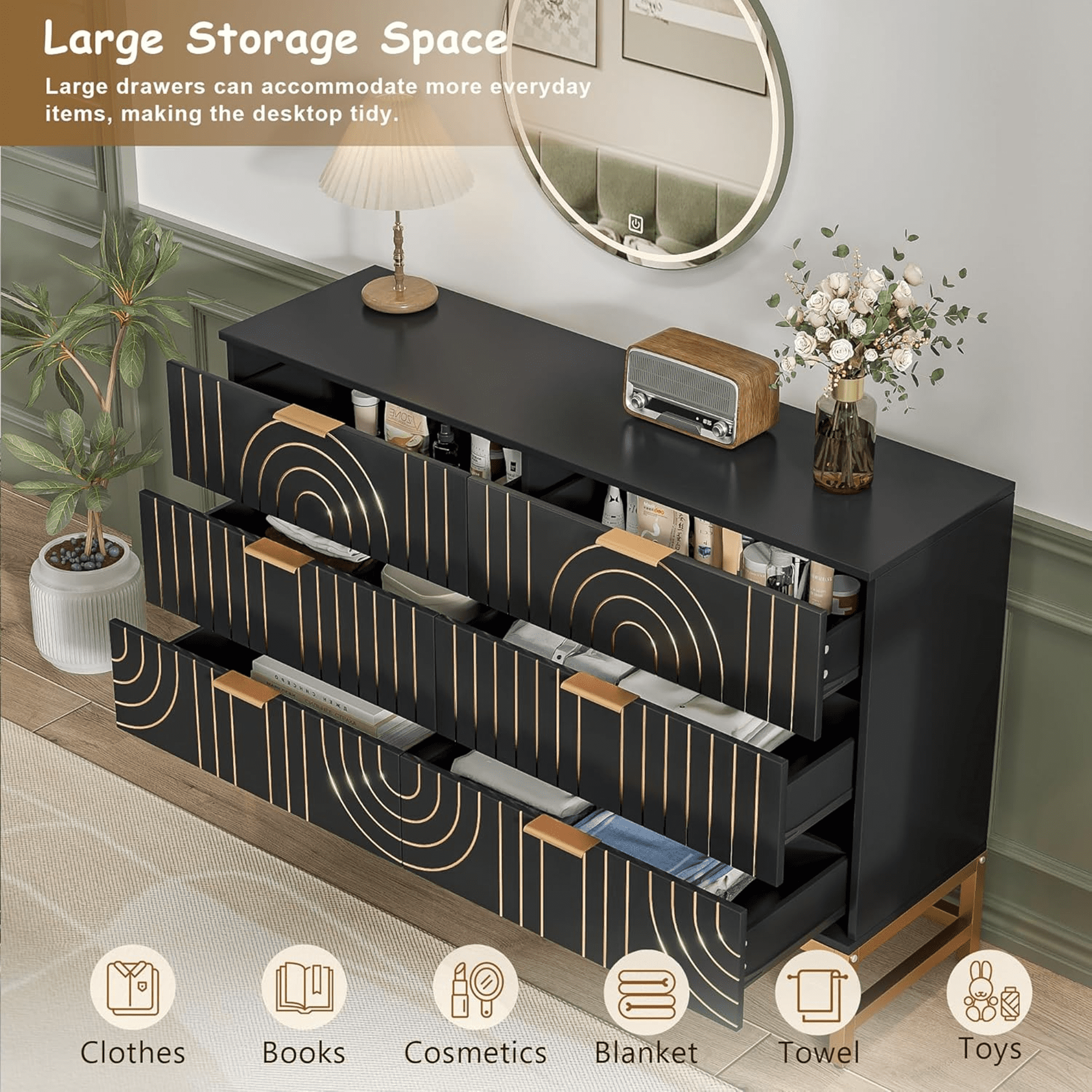 Dresser for Bedroom, Long Dresser with 6 Drawers, Modern Chest of Drawers Storage Cabinet, Dresser Organizer for Living Room Entryway Hallway