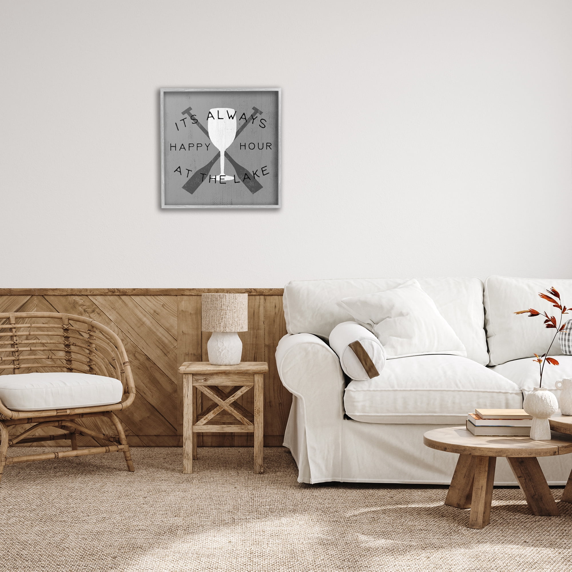 Stupell Industries Always Happy Hour At Lake Typography Painting Gray Framed Art Print Wall Art, 24 x 24