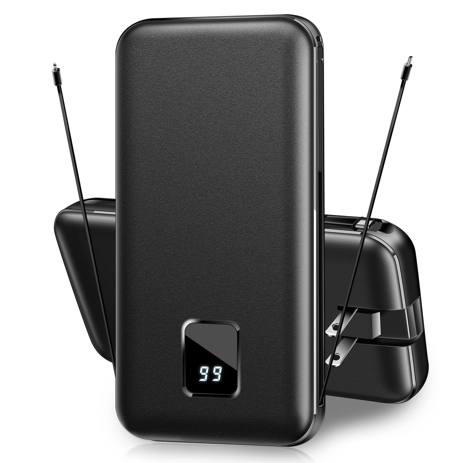 SOLPOWBEN 20000mAh Portable Charger Power Bank for iPhone, Cell Phone Portable Power Banks with Built-in Cables and AC Wall Plug, Dual USB Output Battery Pack for Android, Galaxy, Pixel (Black)
