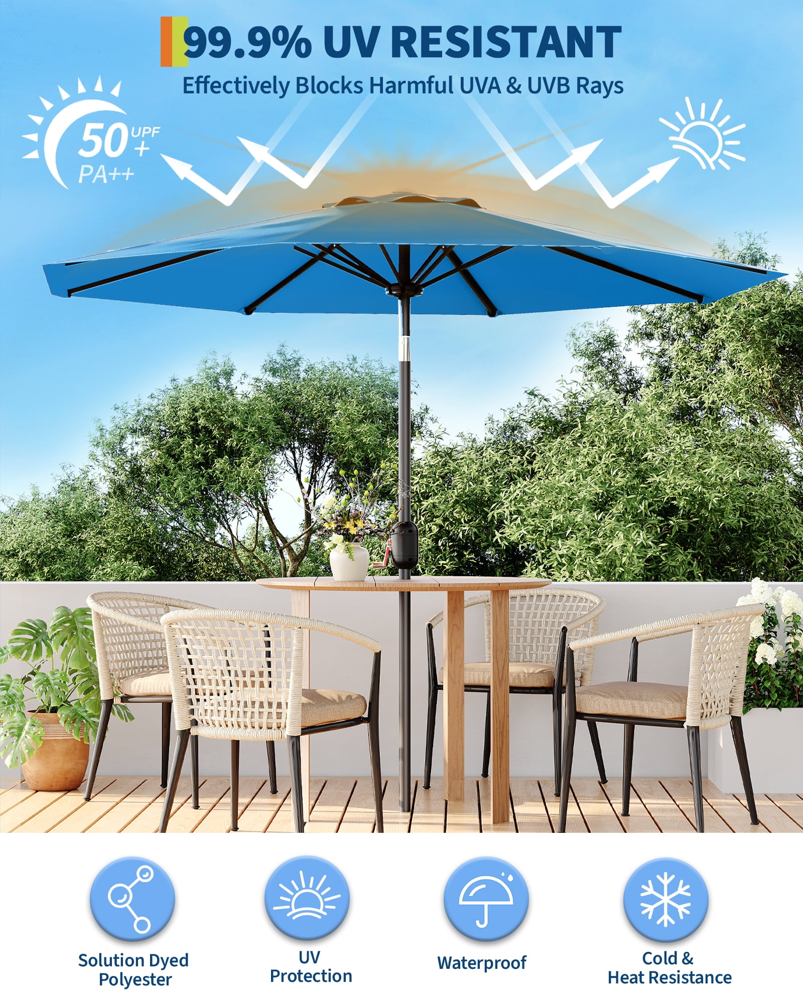 9FT Outdoor Patio Umbrella with Push Button Tilt and Crank, Market Umbrella 8 Sturdy Ribs UV Protection Waterproof Heavy-Duty Pool Umbrella for Deck, Backyard,Garden