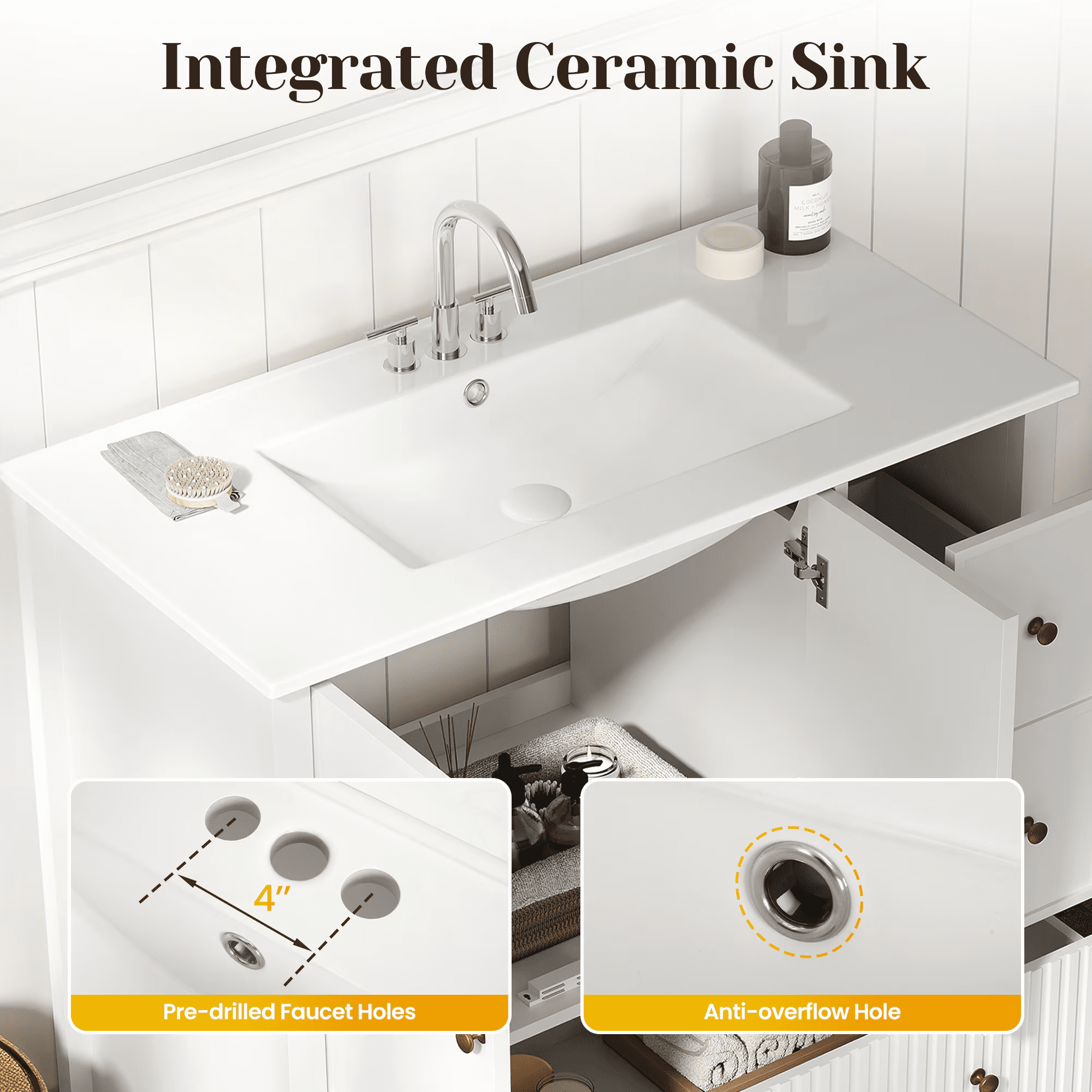 Mintazer 36 Inch Fluted Freestanding Bathroom Vanity with Ceramic Sink, Farmhouse Single Sink Bath Cabinet with Doors and Drawers, White