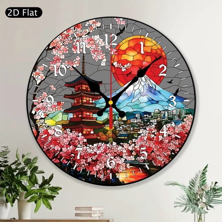Japanese Stained Glass Look Round Wall Clock MDF Wood Mount Fuji Cherry Blossoms Pagoda Oriental Asian Home Decor Living Room Bedroom Office Art Gift