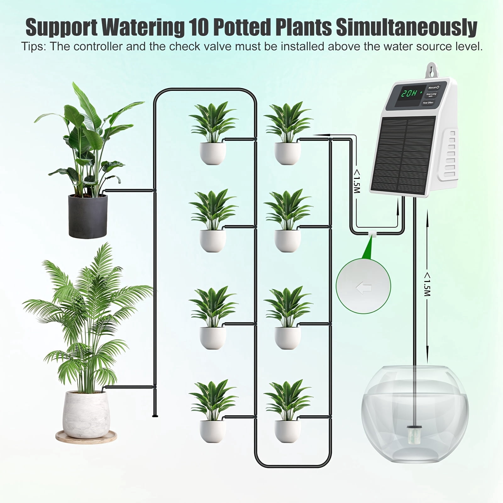 Solar-Powered Automatic Drip Irrigation System, 2200mAh Battery with Type-C Charging, DIY Garden Watering Kit with 10m Tubing, 10 Drippers, for Balcony, Yard, Indoor & Outdoor Plants