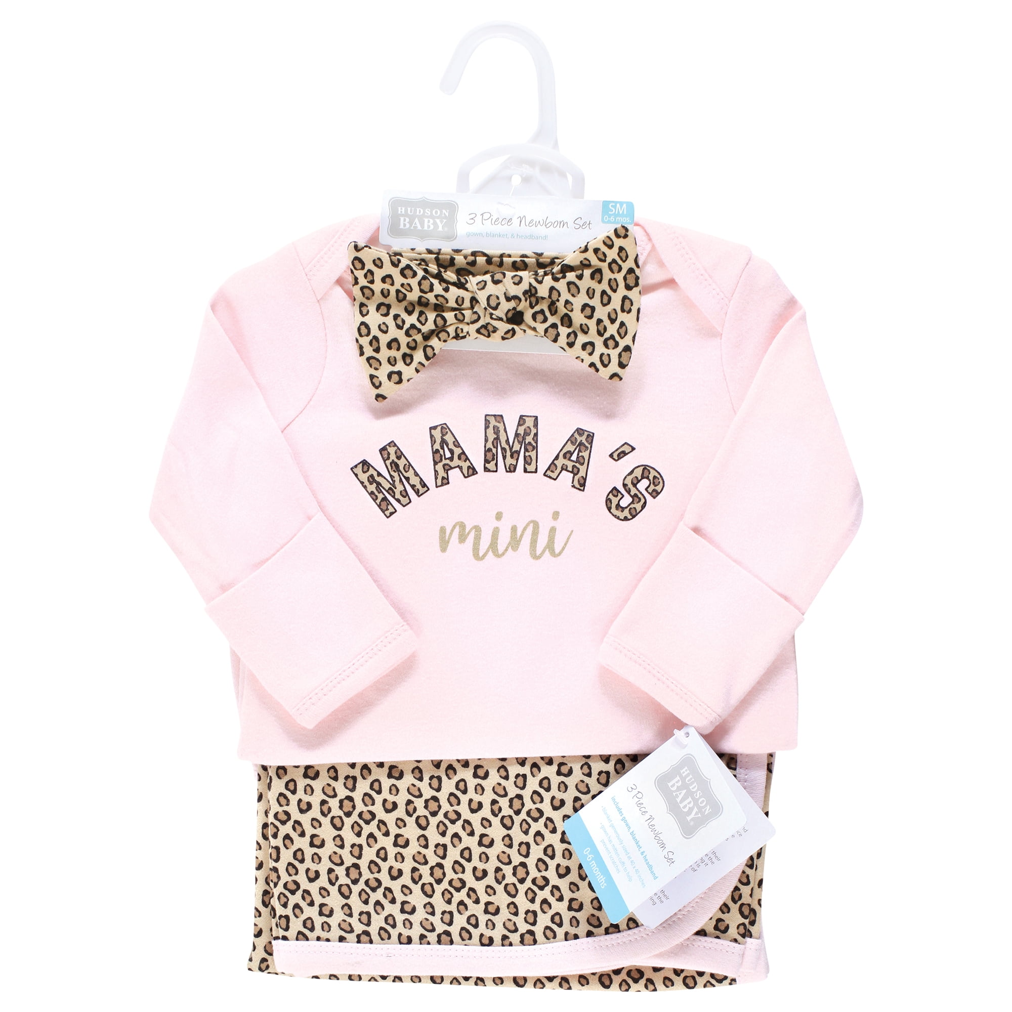 Hudson Baby Infant Girl Gown, Swaddle Blanket and Cap or Headband, Leopard Mamas Mini, 0-6 Months