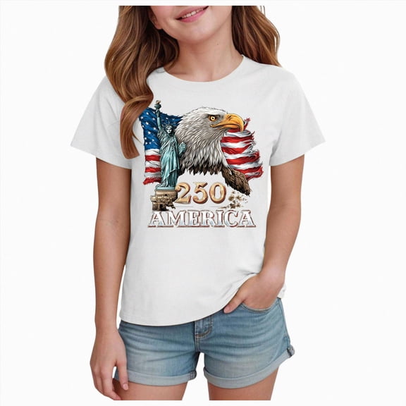 JUMEYU Girls American Flag Shirt Kid 4th of July T-Shirts Boys Girls American Flag Shirt Patriotic Top Short Sleeve Tees 5T 6T (White,5-6 Years)
