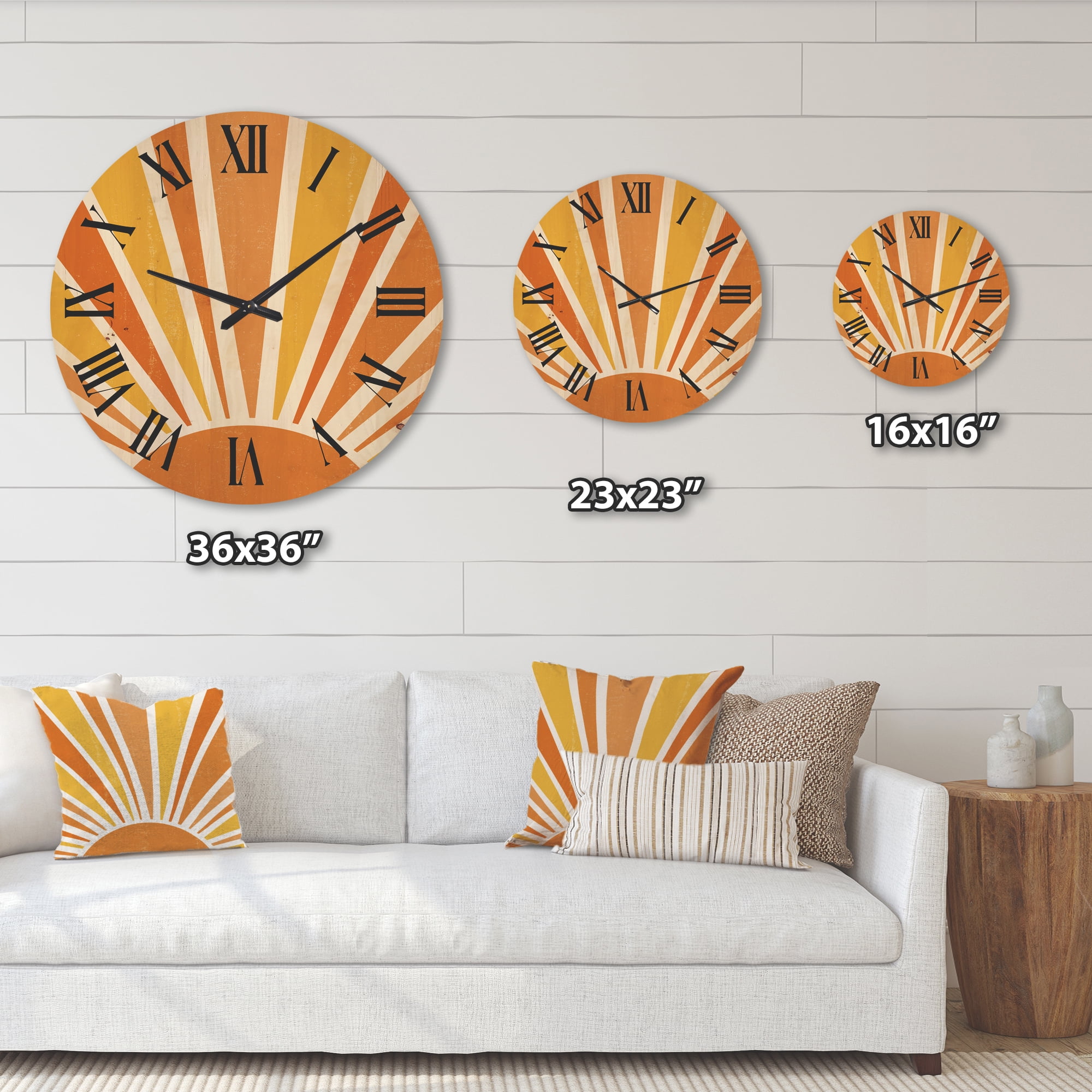 Designart 'Minimal Bright Shining Orange Sun Rays II' Modern Wood Wall Clock