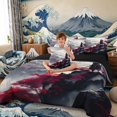 thumbnail image 3 of Manfei Ink Samurai Bedding Comforter Set for Boys Men, Mountain Temple King Bedding Sets, Black Red Gray, Black Reversible7-Piece, 3 of 6