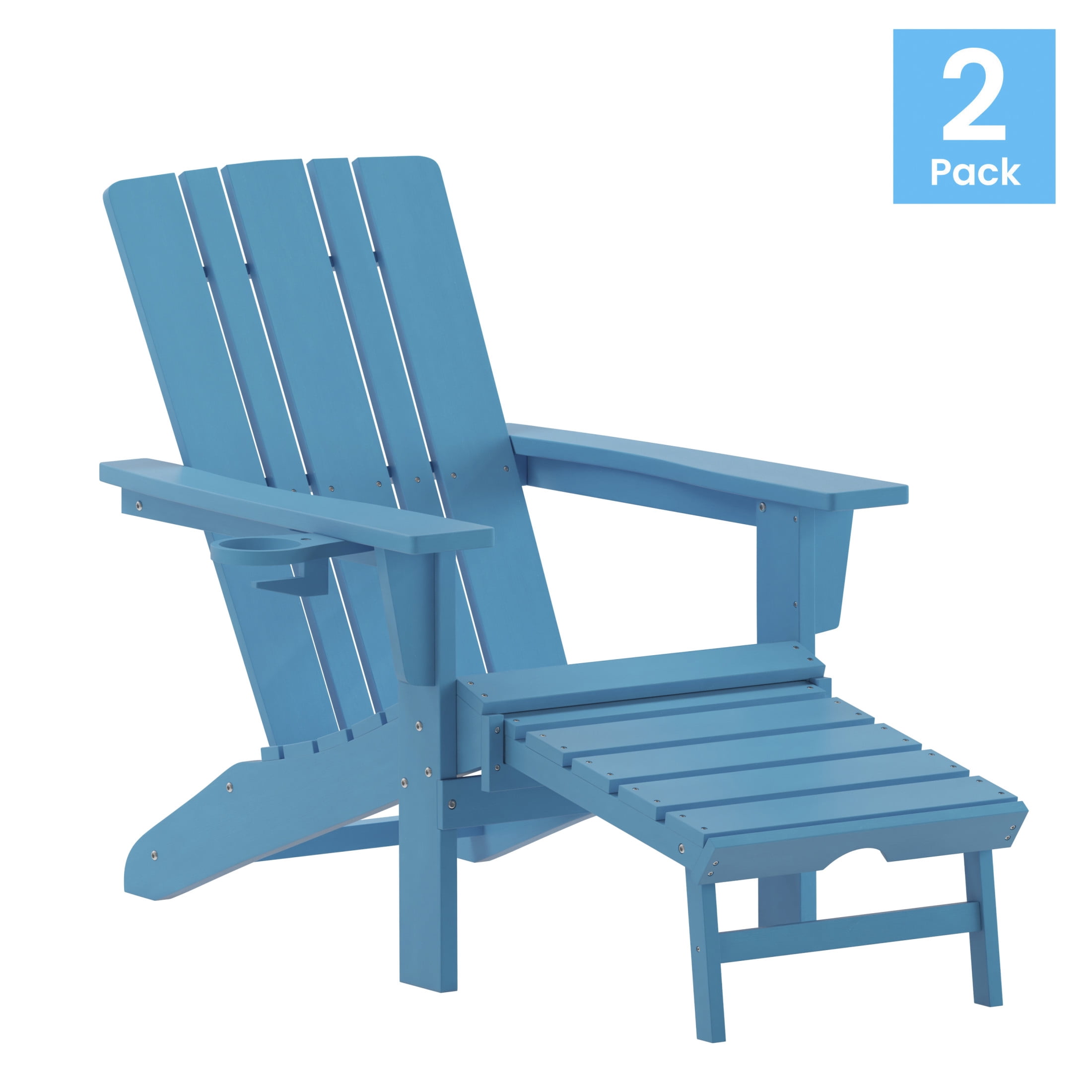 Flash Furniture Halifax HDPE Adirondack Chair with Cup Holder and Pull Out Ottoman, All-Weather HDPE Indoor/Outdoor Lounge Chair in Blue, Set of 2