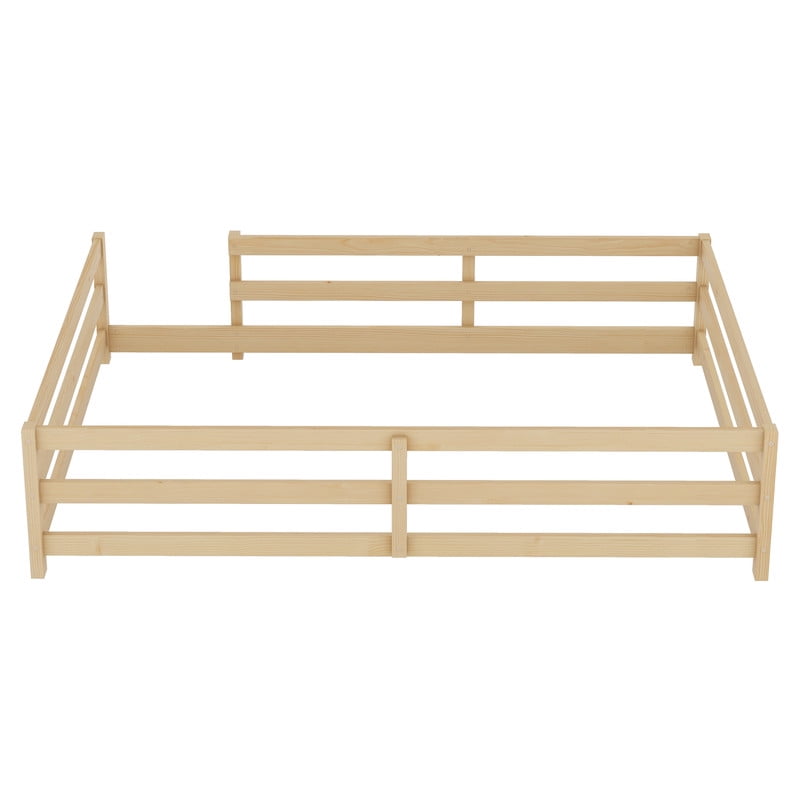 Bellemave Full Montessori Bed with Rails, Wood Full Size Floor Bed Frame with Fence, Low to Ground Bed Frame with Safety Guardrails - Natural
