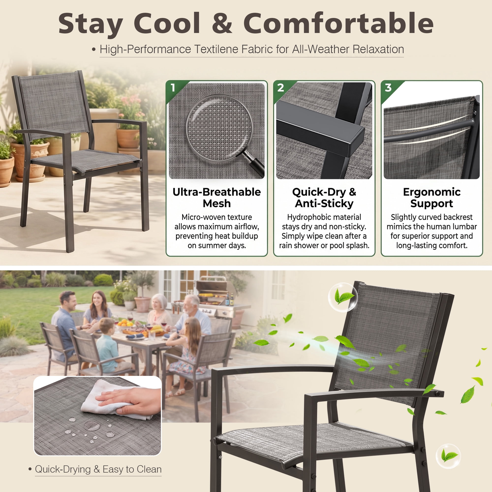 Vineego 7-Piece Outdoor Dining Set for 6, Easy-to-Store Textilene Patio Chairs Rectangular Metal Table for Backyard Garden, Gray