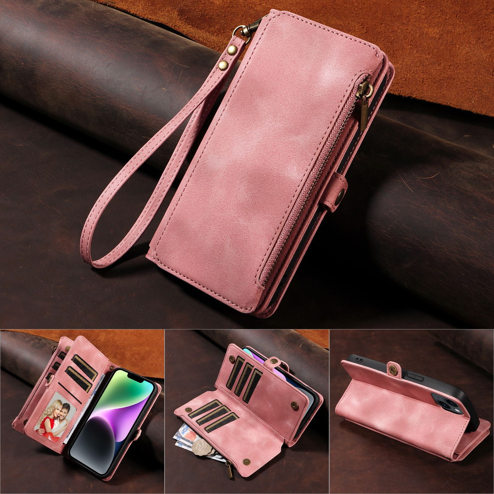 Solennerer Compatible with iPhone 14 Case Wallet with RFID Blocking Card Holder for Women and Men, Fashion PU Leather Magnetic Snap Flip Zipper Strap Wallet Phone Case Fit