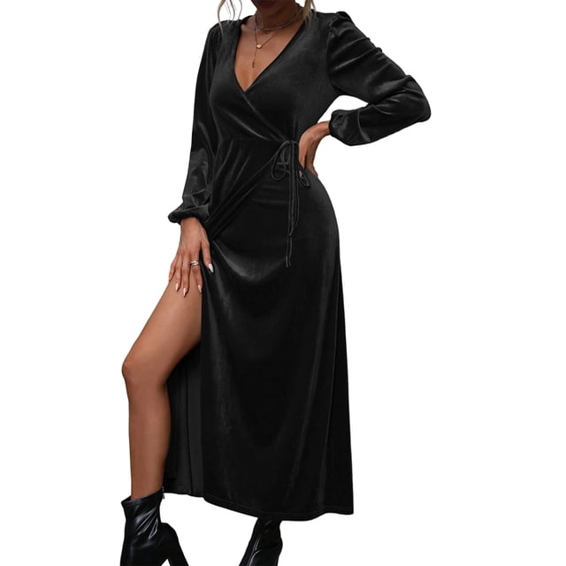 Robe en Velours à Manches Longues pour Femme, Col en V, Vacances, Cocktail, Fête, Semi-Formelle, Midi, Noire, G