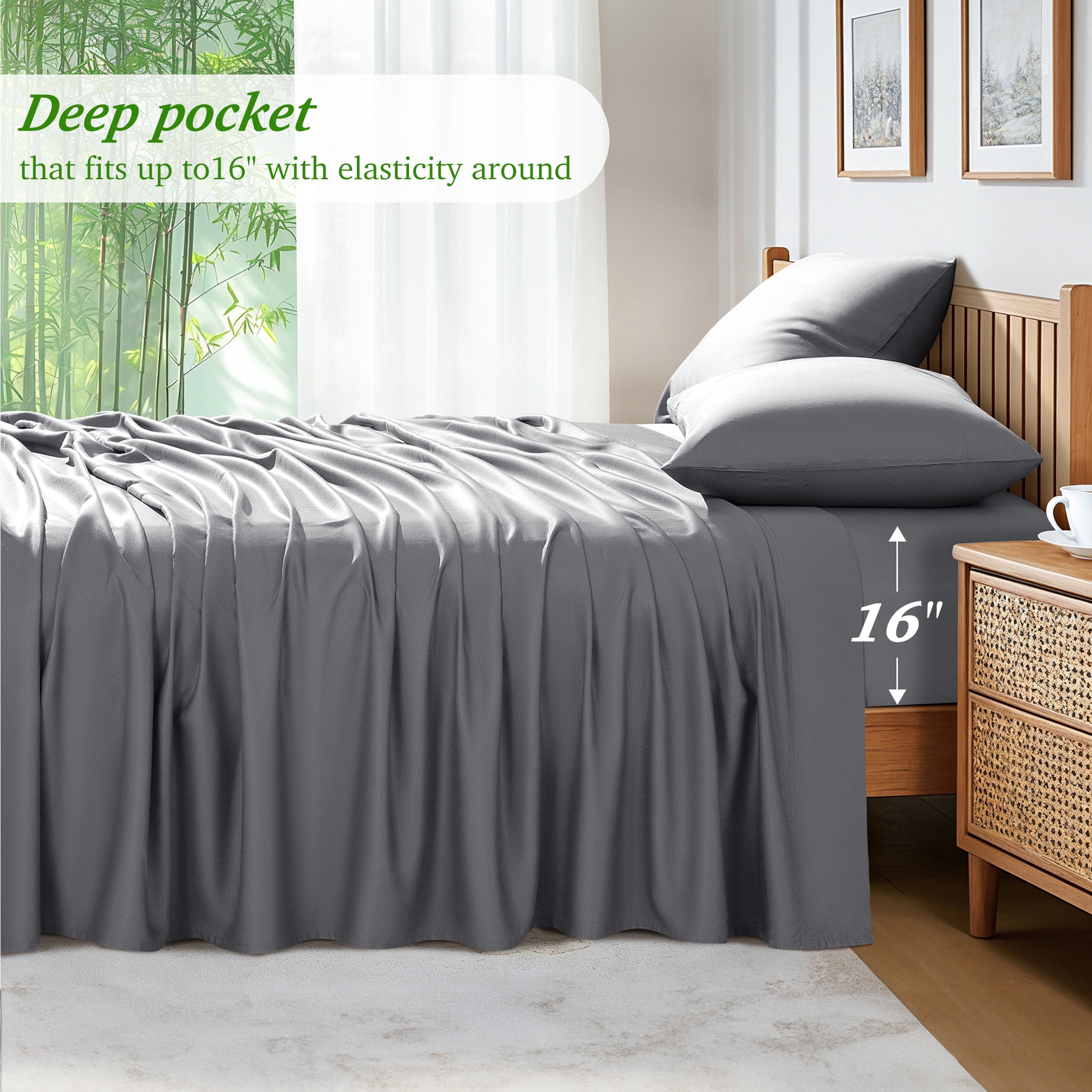 AiAngu Bamboo Queen Sheet Set, Luxury Soft 4 Pieces Bed Sheets with 18" Deep Pocket, Gray