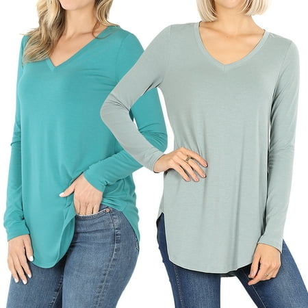 Women & Plus(S-3X) Relaxed Fit Long Sleeve V-Neck Round Hem Jersey Tee Shirt Top (Single & Multi-Packs Available) price history on PriceWatchPro