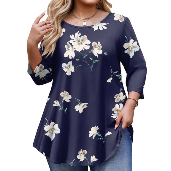 AzureSilk Plus Size Tops for Womens 3/4 Sleeve Tunic Tops Casual Loose Fit Swing Fall Winter T Shirts Blouse Basic Shirts Women's Plus Size, Sizes L-5XL