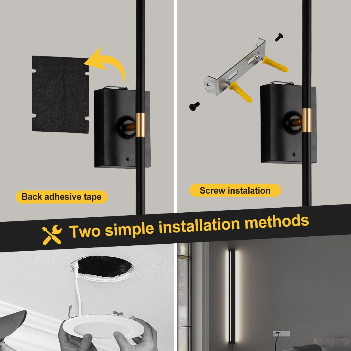 Battery Operated Black & Gold Wall Sconces Set of 2, Wireless Rechargeable Wall Lights with Remote Control, 3000K-6000K Stepless Dimming 360° Rotate Wall Decor Lamp for Living Room Hallway Bedroo