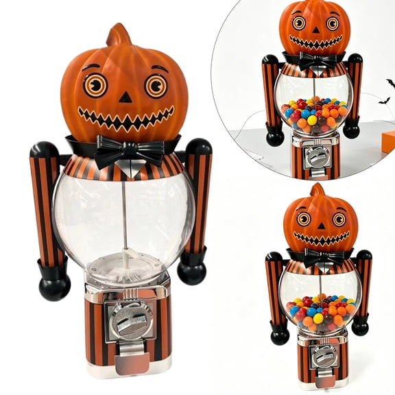 Halloween Pumpkin Gumball Machine – Novelty Candy Dispenser with Bow Tie & Striped Arms, Vintage Style Coin Operated Toy for Kids Party Favor, Home Decor, Orange, 1 Pack