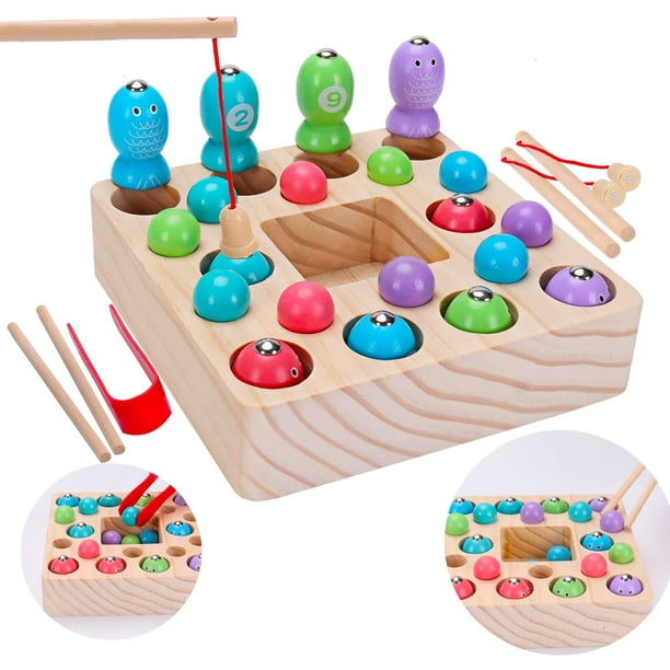 Montessori Toys for Toddlers Wooden Fishing Game Fine Motor Skill Learning Magnet  Fishing Pole Clamp Chopsticks 10 Fishes & Beads Preschool Math Education  for Kids Age 3 4 5 6 Year Old 