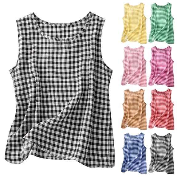 Vivianyo HD Women's Gingham Print Top, Sleeveless Tank Round Neck Casual Blouse for Women Vacation Wear, Women's Black, Sizes S-3XL