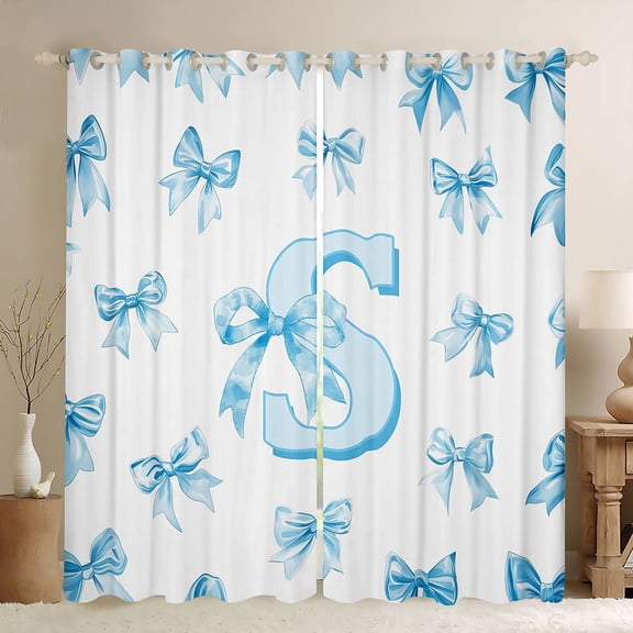 Homewish Blue Bowknot Letter Black Out Curtains for Girl, Kawaii Initial S Letter Curtains Pack of 2 (42x63 Each), Cartoon Princess Style Bedroom Curtains, Living Room Curtains Decor