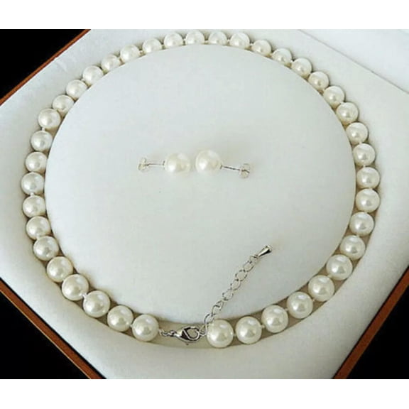 K-KED 8mm White Genuine Cultured Shell Pearl Necklace Earrings Set 18''