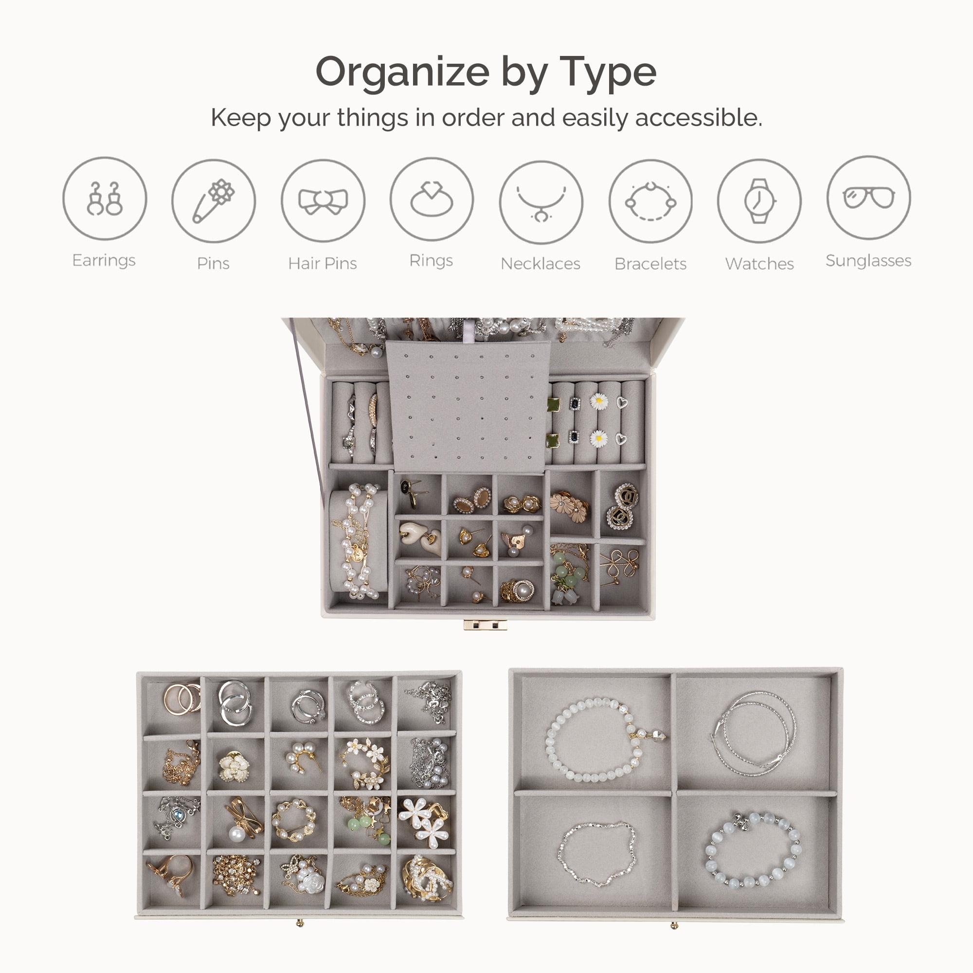 Casegrace 3 Layer Large Jewelry Storage Box, 2 Drawers Jewelry Organizer Case with Gray Velvet, Lockable Jewellery Holder Display for Earring Rings Necklace Bracelet Watch, Women Girls Kid Gifts