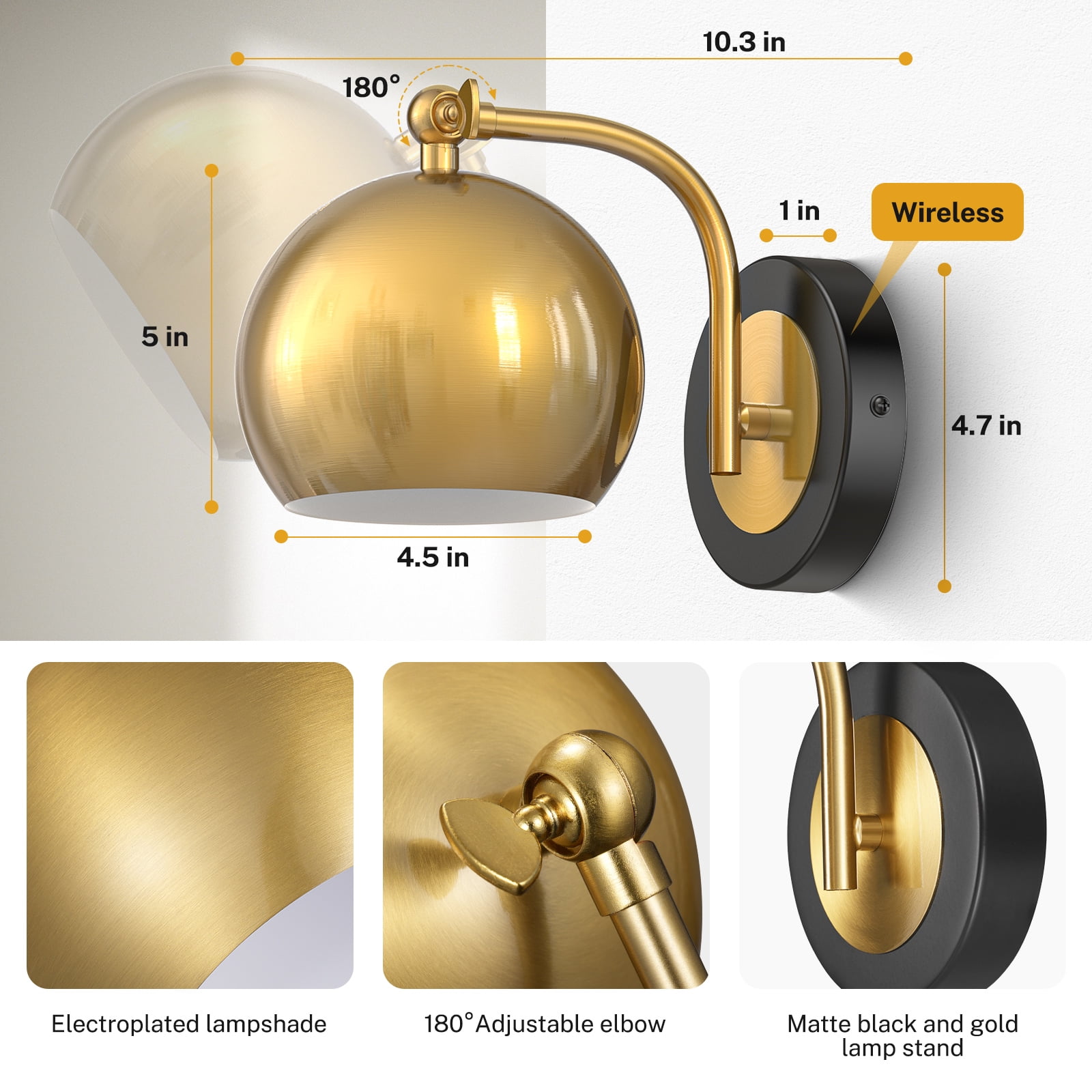 PatioGem Eco Friendly 2-Light LED Gold Bedroom, Living Room Battery Powered Wall Sconces (2 Count)