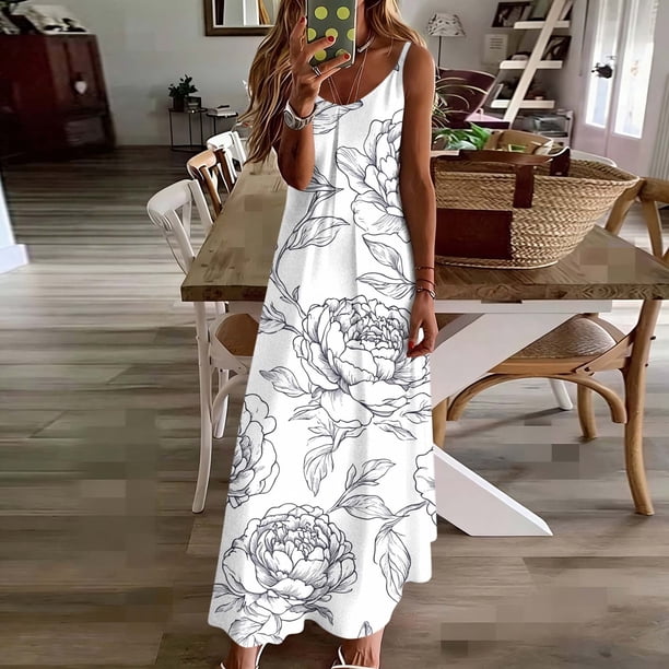 TaTaai Women Elegant Print Round Neck Spaghetti Strap Ankle Length Dress Fashion Casual Soft Lightweight Daily Dating Work Outfits Gift