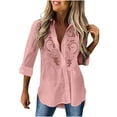 thumbnail image 2 of qolati Button Down Shirts for Women Long Sleeve Wrinkle Free Dress Shirts Retro Embroidered Lace Hollow Out Casual Collared Blouses Business Work Tops Hot Pink L, 2 of 6