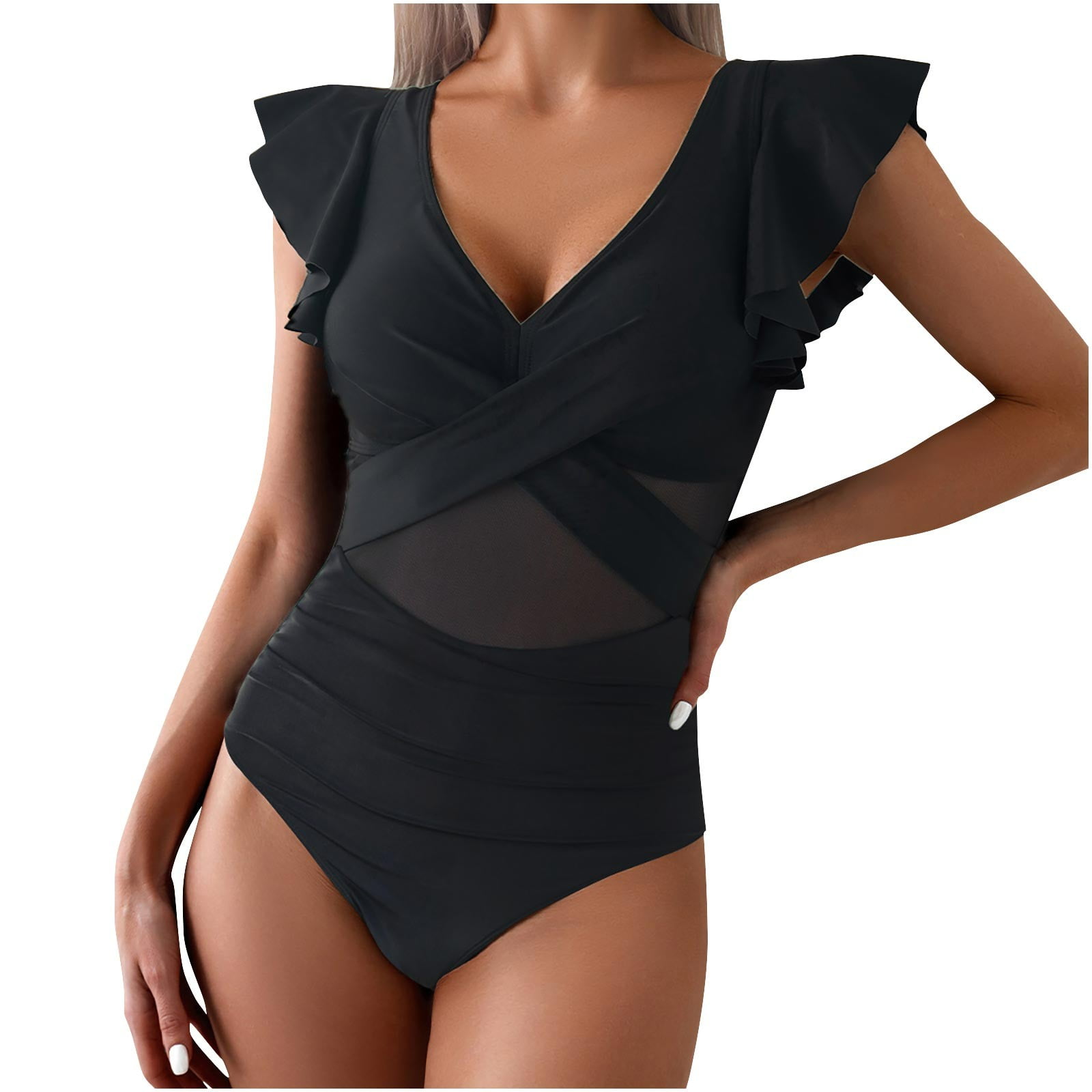 ylioge Womens One-Piece Swimsuits Tankinis V Neck Ruffle Sleeve Bathing Suits Ladies Trendy Color-Block Quick-Dry Athletic Bathing Suits