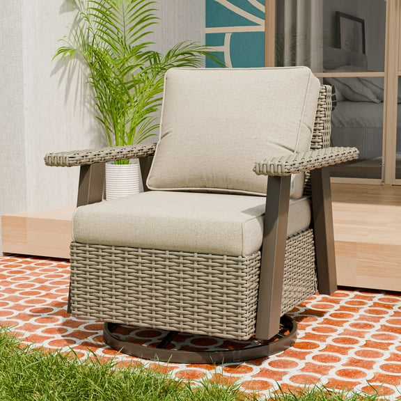 COOS BAY Rustic Hideaway Single Outdoor Swivel Rocker, Patio Wicker Rocking Chair with Deep Seating for Patio, Outdoor Balcony, Beige