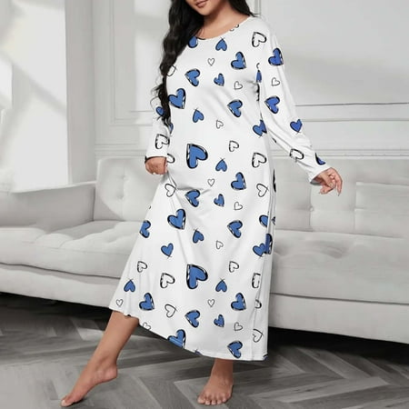 GZWYHT Silk Pajamas Clearance Plus Size Pajamas Plus Size Casual Sleep Dress Plus Heart Print Long Sleeve Round Neck Medium Stretch Loose Nightdress Nightgowns for Women Babydoll Lingerie