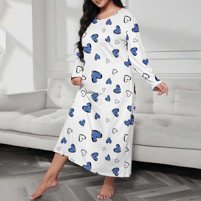 Kelon Nuisettes et Chemises de Nuit pour Femmes en Solde Jupe Décontractée Mélangée pour Femmes Grande Taille Robe de Nuit Décontractée Robe de Nuit Ample à Imprimé Cœur pour Femmes Manches Longues Col Rond Extensibilité Moyenne
