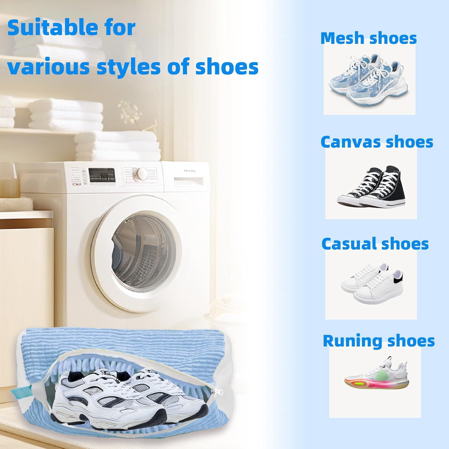 Shoe Washing Machine Bag Laundry Shoe Bag for Washer and Dryer Reusable 2pc Shoe Cleaning Bags for Sneakers 360° Deep Cleaning Machine for All Shoes Types With Self-locking Zipper Light Blue 2Pcs