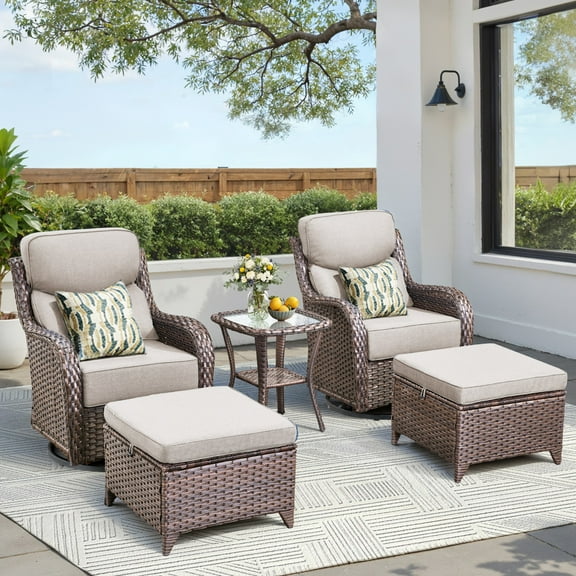 Unnifurnzi 5 Pieces Wicker Outdoor Furniture-Patio Swivel Chairs Set of 2 with Outdoor Ottoman Patio Conversation Sets for Deck Porch Poolside Balcony-Brown/Beige