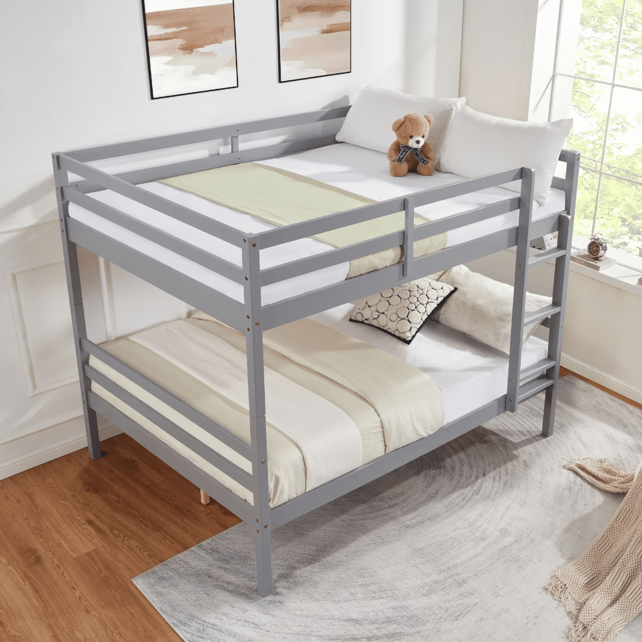 MAYEERTY Full over Full Bunk Bed with Ladder, Wooden Bed Frame with High Guardrail and Ladder for Kids, No Box Spring Needed, Grey