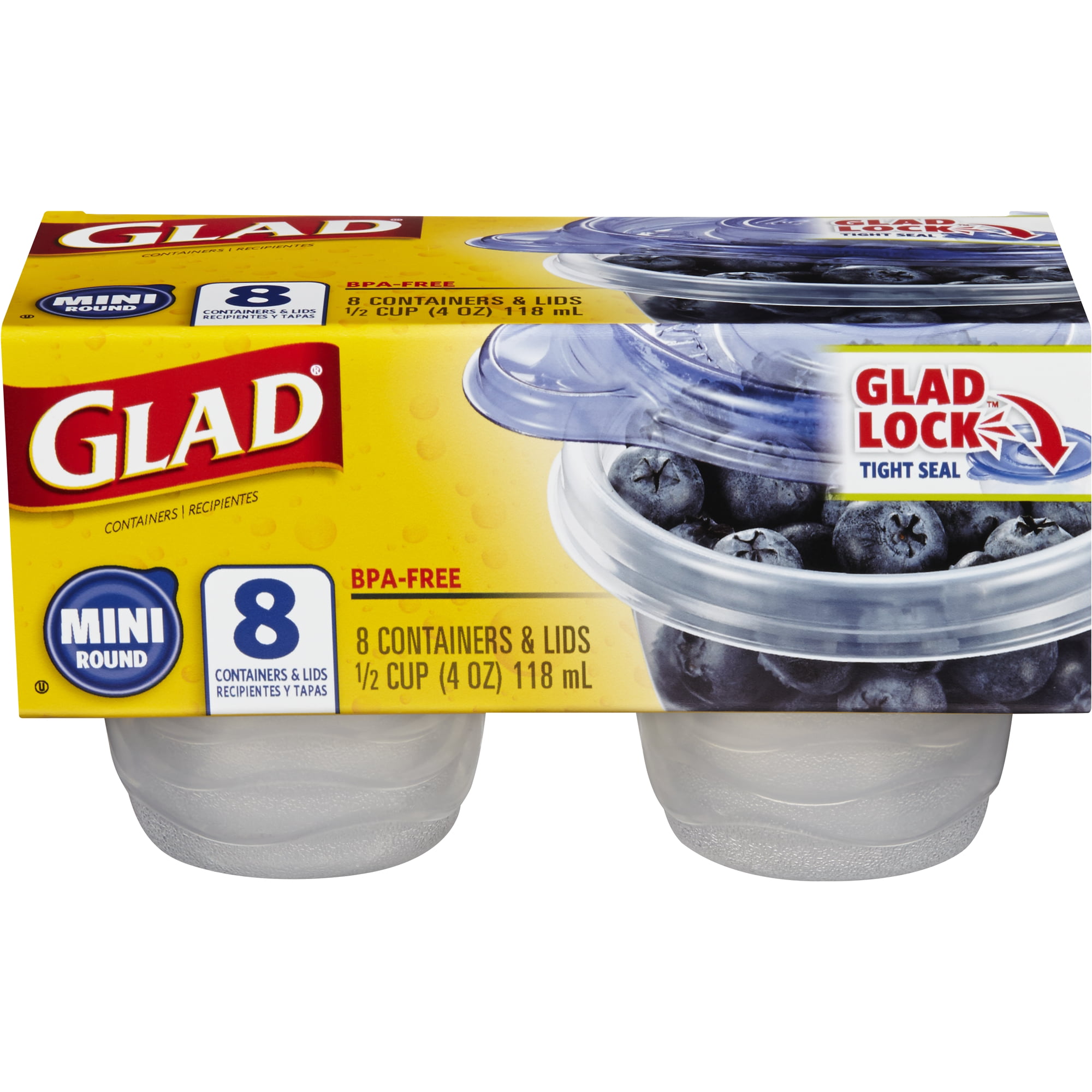 2 Packs Glad Lock Tight Seal 1/2 Cup BPA Free Mini Round 8 Ct Containers & Lids 
