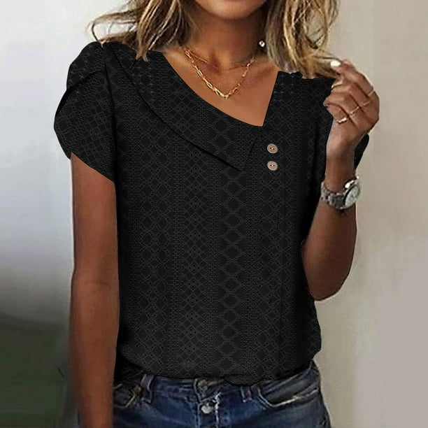 Puntoco 2024, tops de moda de verano para mujer, camiseta holgada informal de verano de Color sólido con cuello en V, camiseta de manga corta