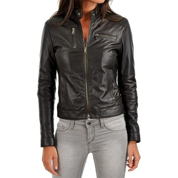 Women's Genuine Lambskin Leather Jacket Motorcycle Biker Leather Black Jacket W621