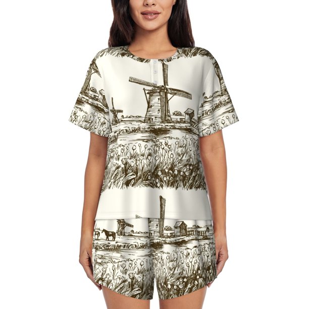 Fotbe Dutch Windmill Conjunto de Pijama Estampado para Mujer, 2 Piezas, Ropa de Dormir con Camiseta de Manga Corta y Shorts Suaves-Medium