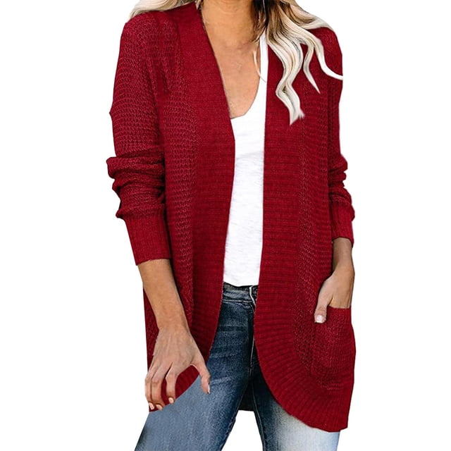 Baberdicy Cardigan Ouvert à Manches Longues pour Femmes, Hauts Décontractés avec Poches, Rouge, Taille : P-5TG